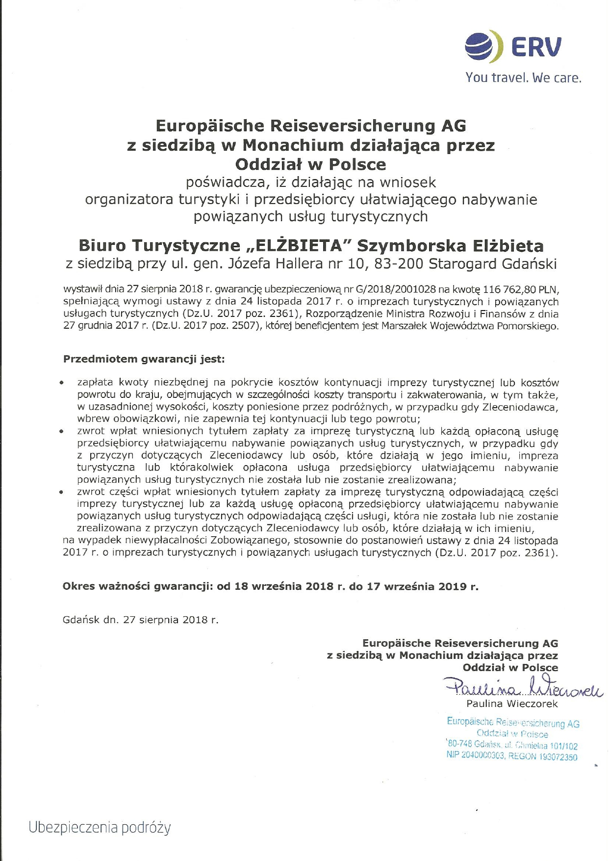 Gwarancja ubezpieczeniowa ERV